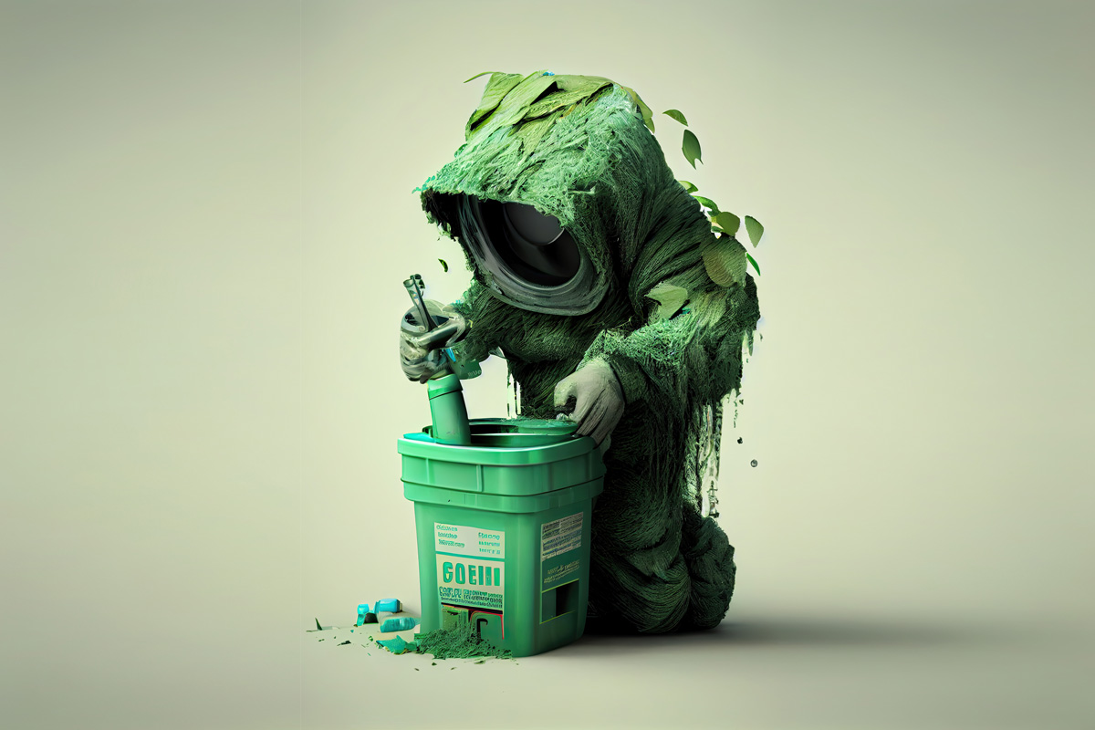 AI generert bilde av en grønn figur i drakt dekt av planter. Den kaster grønn søppel i en grønn dunk. Symboliserer grønn økosystem