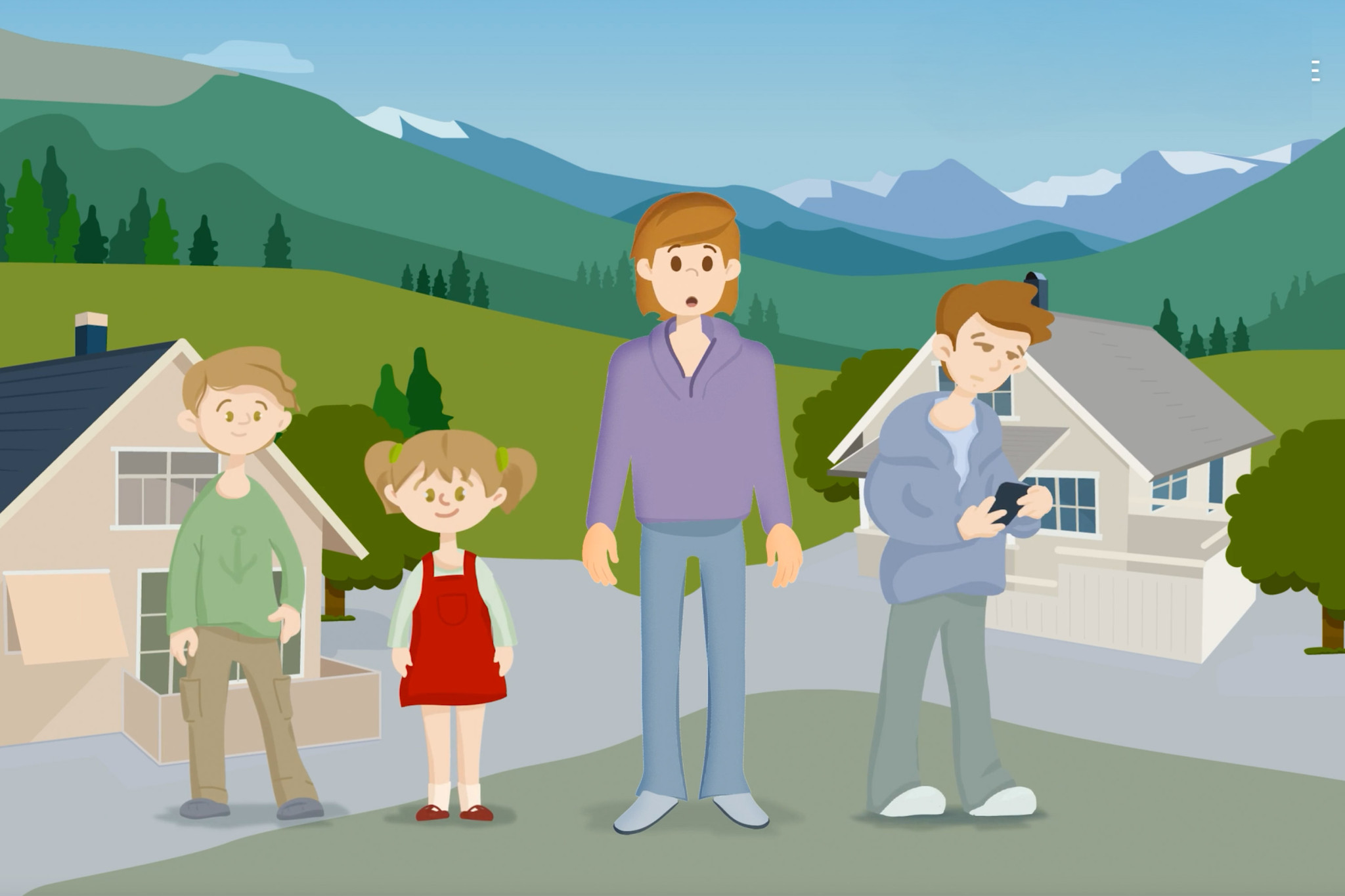 illustration showing 4 children standing in front of 2 houses